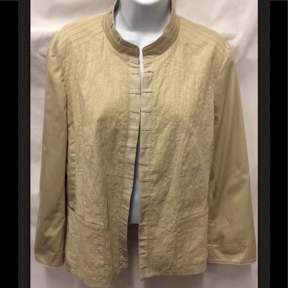 CHICOS Jacket Coat Open Grosgrain Tan Beige Open Career